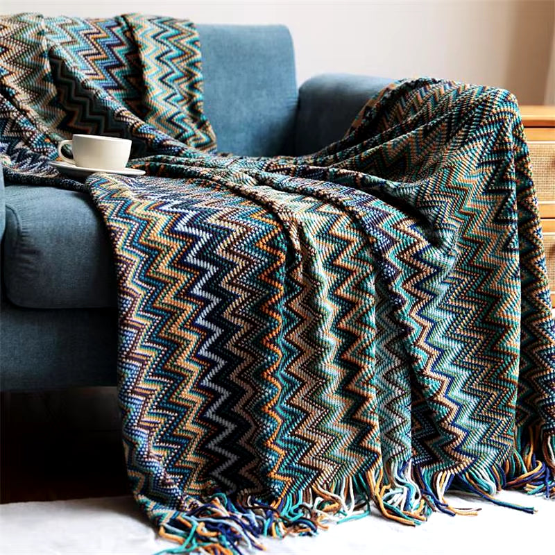 Boho Hand-Knitted Blanket with Tassels