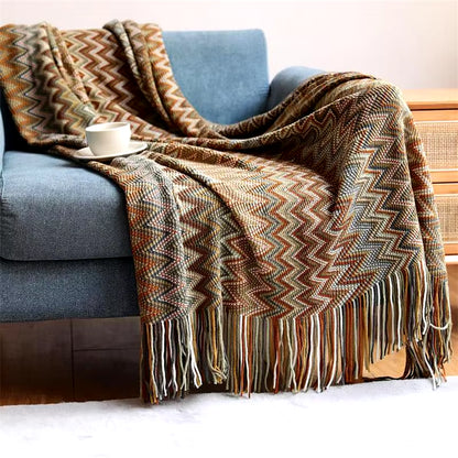 Boho Hand-Knitted Blanket with Tassels