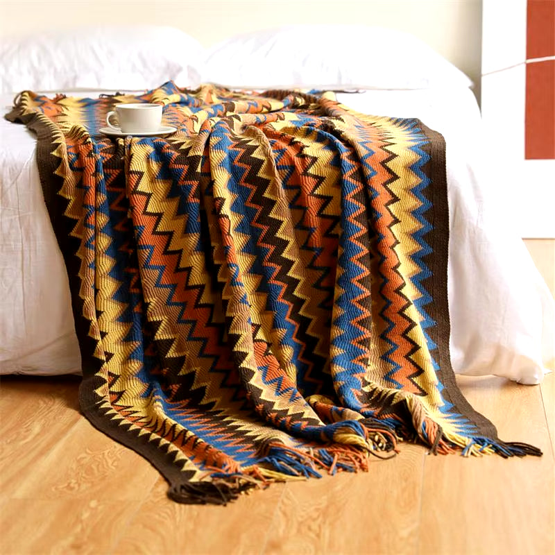 Boho Hand-Knitted Blanket with Tassels