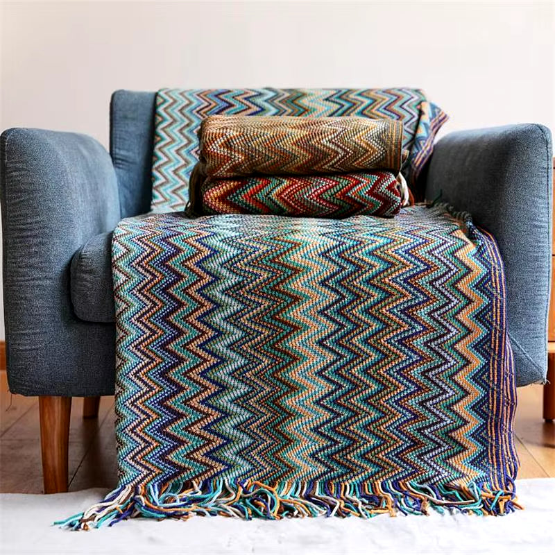 Boho Hand-Knitted Blanket with Tassels